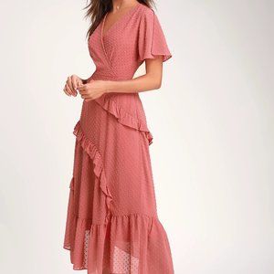 Rusty Rose Swiss Dot Ruffled Midi Dress